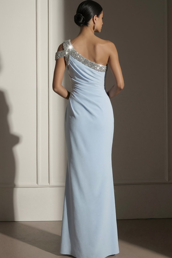 Light Blue Formal Evening Dress One Shoulder Maxi Dress with Sequin