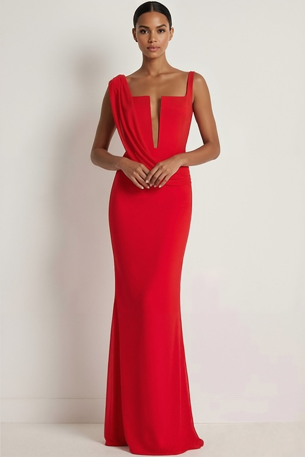 Red Formal Evening Dress Square Neck Maxi Dress with Slit