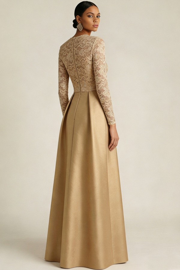 Champagne Formal Dress Round Neck Lace Long Sleeve Satin Maxi Dress