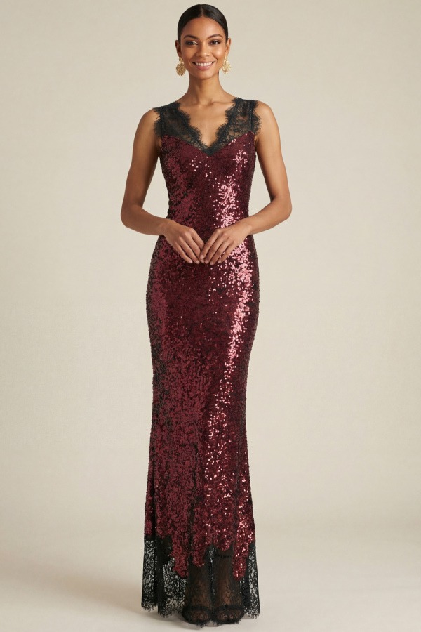 Burgundy Formal Party Dress V-Neck Sequin Maxi Dress with Lace