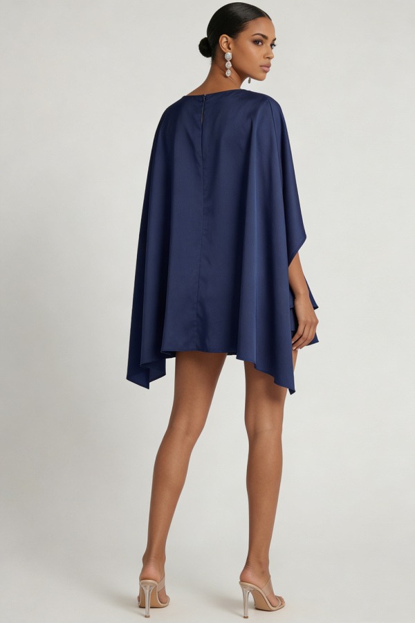 Navy Formal Evening Dress A-Line Tiered Satin Mini Dress with Cape
