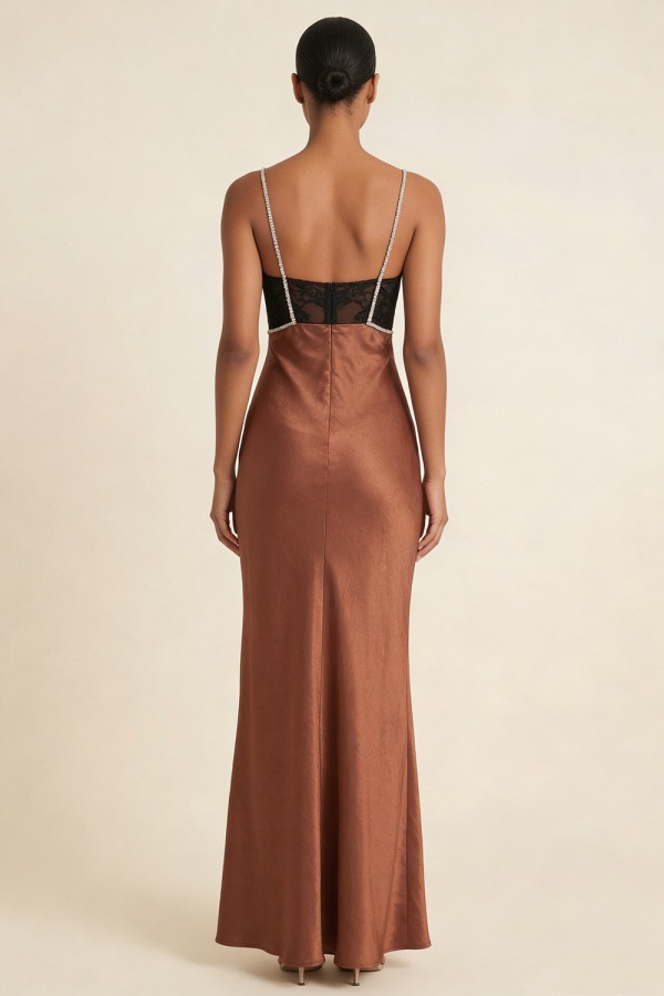 Bronze Formal Evening Dress Mermaid Spaghetti Straps Satin Maxi Dress