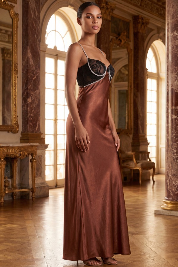 Bronze Formal Evening Dress Mermaid Spaghetti Straps Satin Maxi Dress