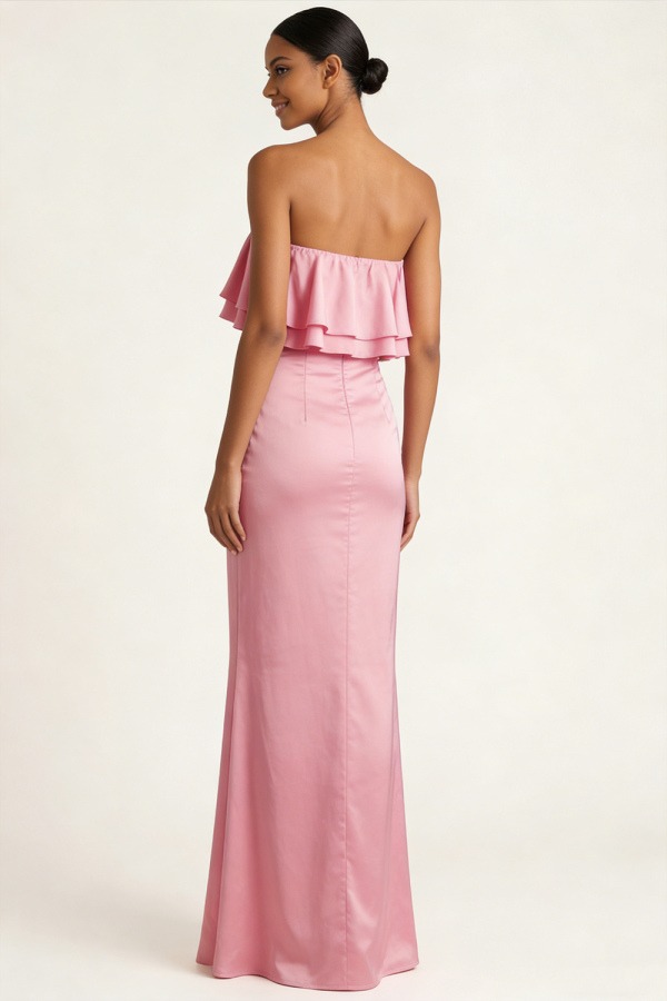 Pink Formal ​Wedding Bridesmaid Dress Strapless Ruffled Satin Maxi Dress