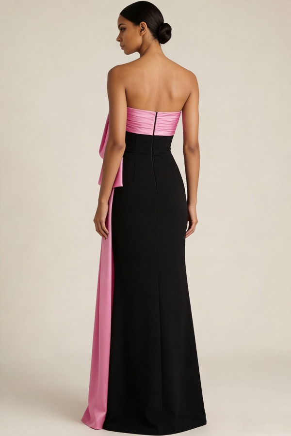 Pink Formal Evening Dress Strapless Satin Bow Maxi Dress