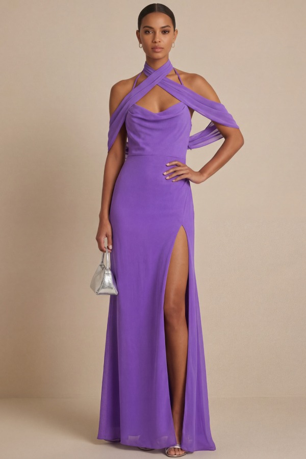 Purple Formal Evening Dress Halter Chiffon Maxi Dress with Slit