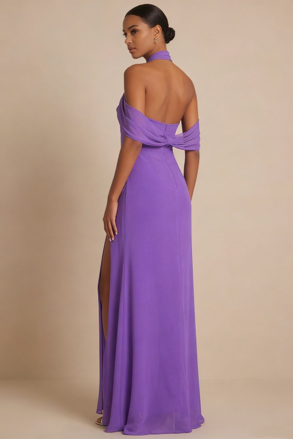 Purple Formal Evening Dress Halter Chiffon Maxi Dress with Slit