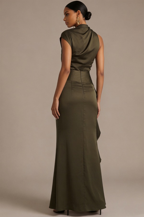 Army Green Formal Evening Dress Asymmetrical Neck Ruffle Maxi Dress