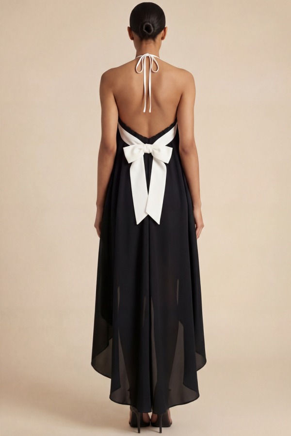 Black Formal Evening Dress Halter Chiffon High-Low Dress with Bow