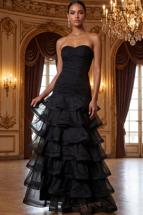 Black Formal Evening Dress A-Line Sweetheart Tiered Maxi Dress