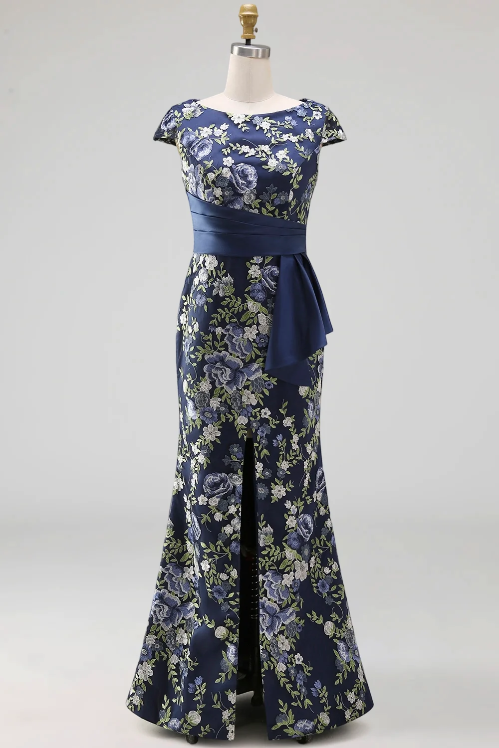 Navy Mermaid Floral Long Mother of the Bride Dress with Slit