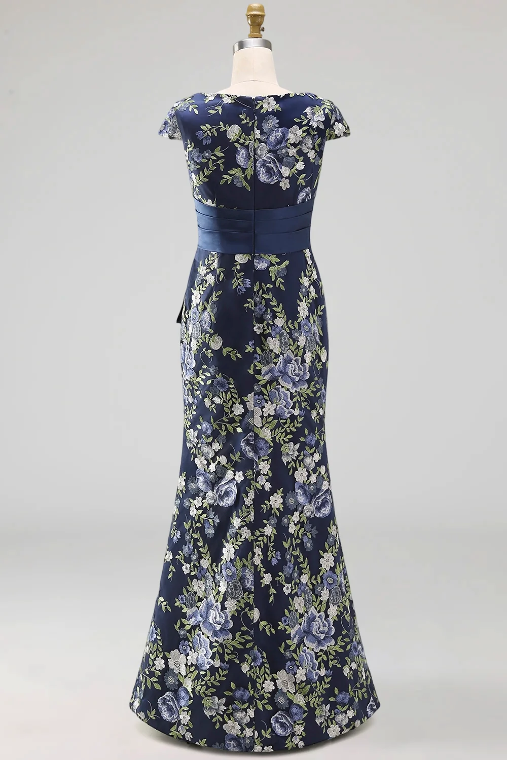 Navy Mermaid Floral Long Mother of the Bride Dress with Slit