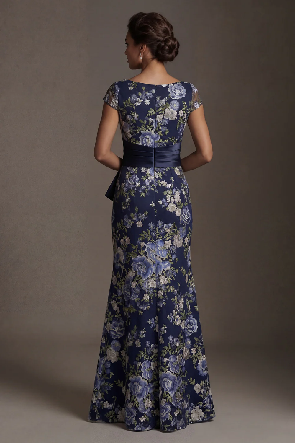 Navy Mermaid Floral Long Mother of the Bride Dress with Slit