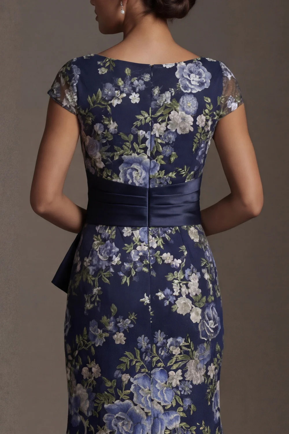 Navy Mermaid Floral Long Mother of the Bride Dress with Slit