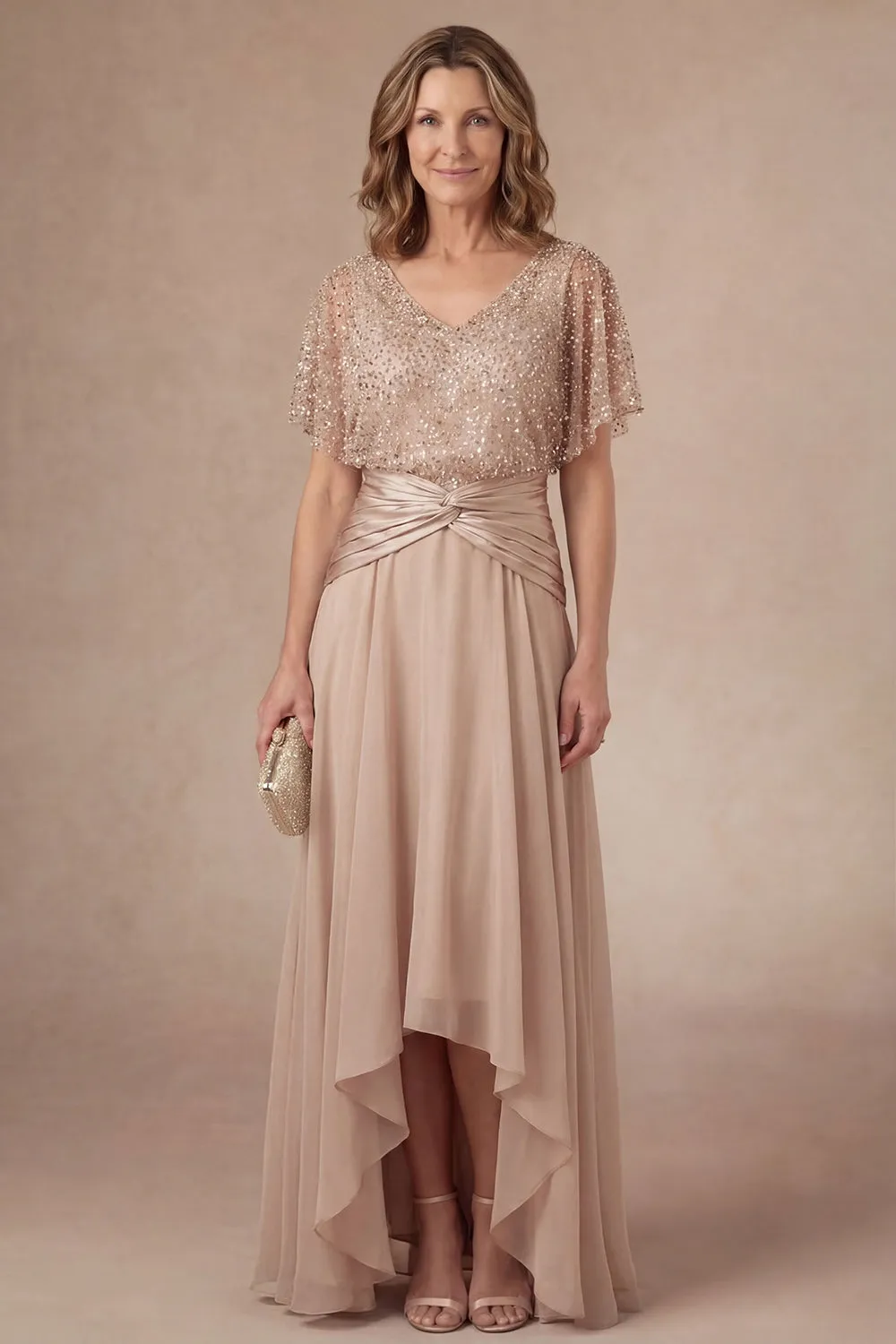 Champagne Sparkly Beaded V Neck High Low Mother of the Bride Dress