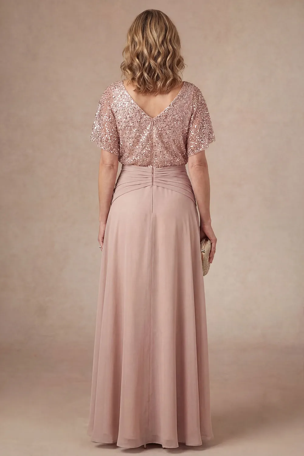 Champagne Sparkly Beaded V Neck High Low Mother of the Bride Dress