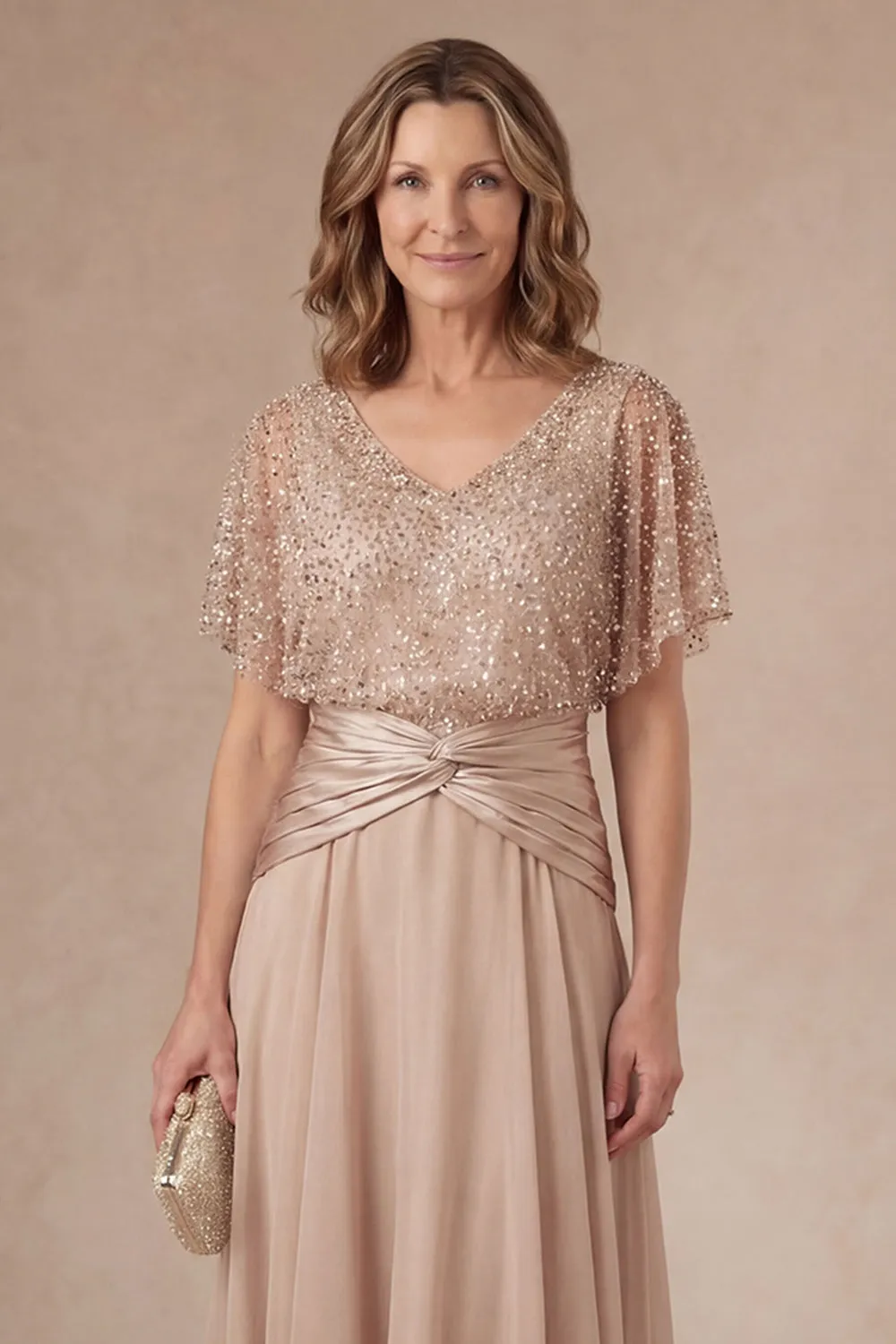 Champagne Sparkly Beaded V Neck High Low Mother of the Bride Dress