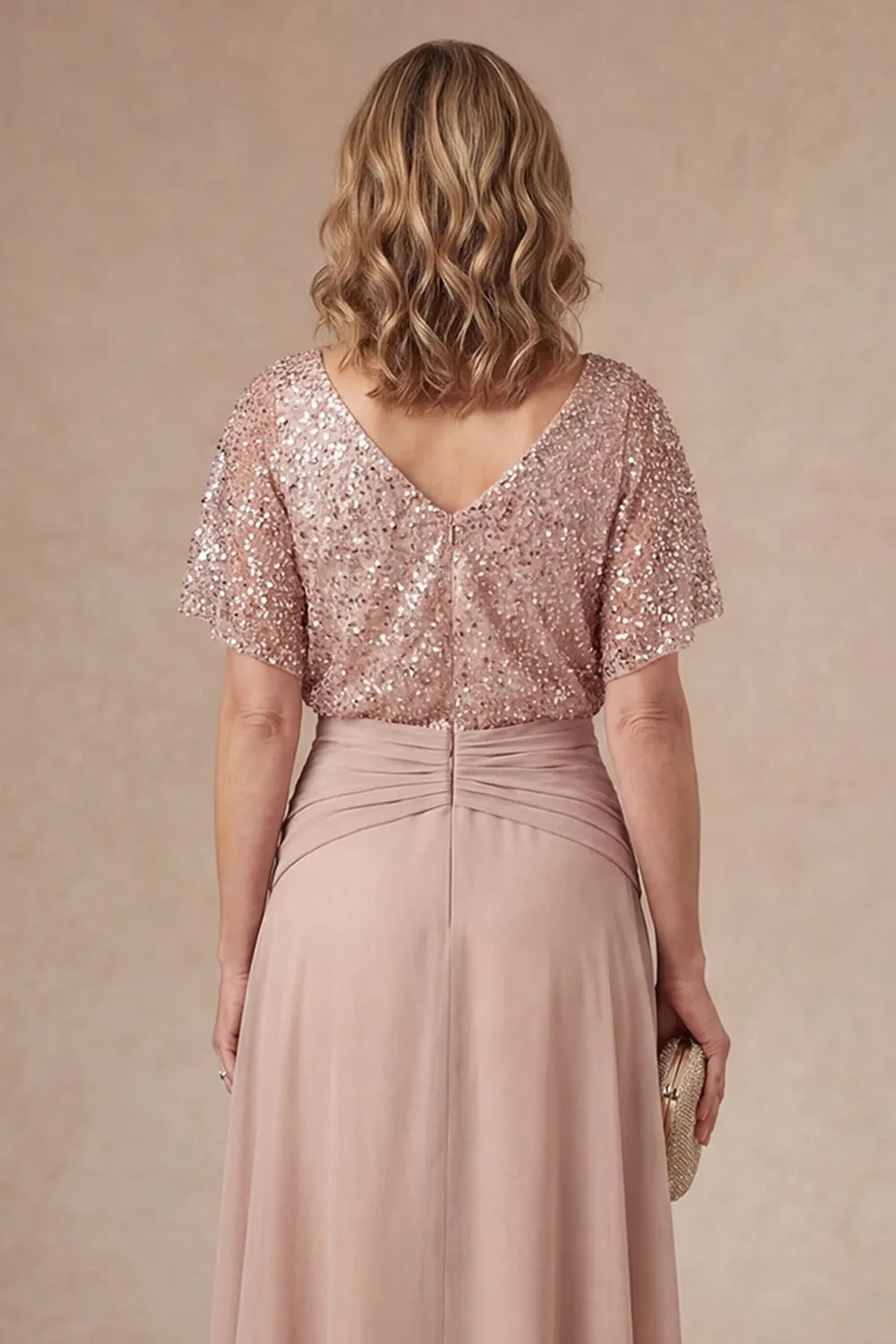 Champagne Sparkly Beaded V Neck High Low Mother of the Bride Dress