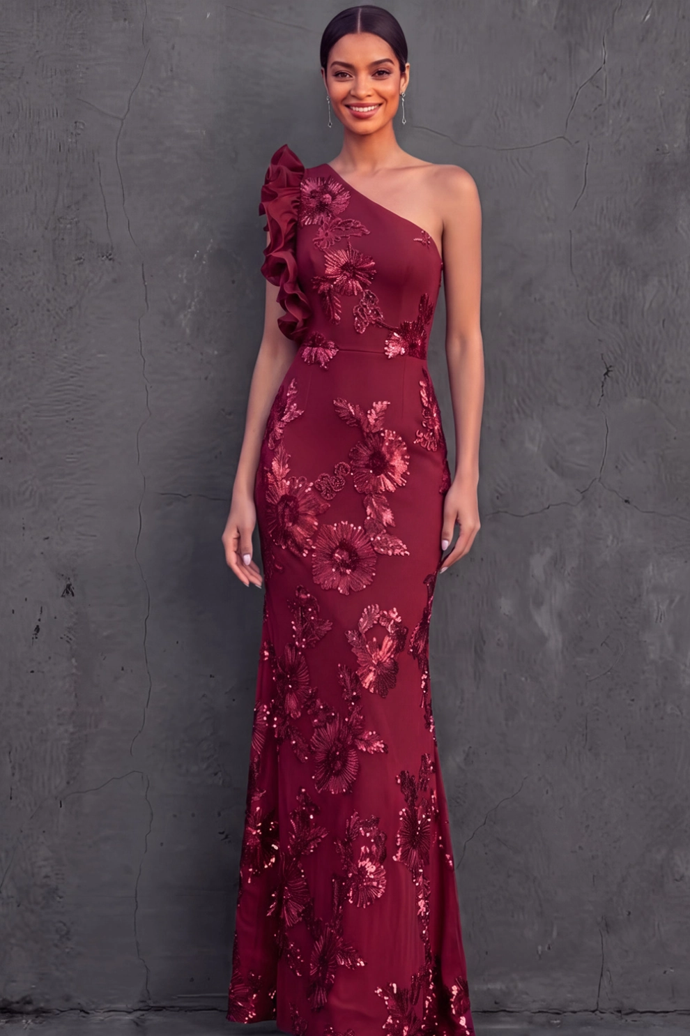 Green Floral Formal Dress Mermaid One Shoulder Ruffled Maxi Dress