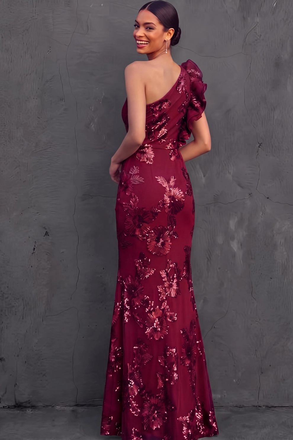 Green Floral Formal Dress Mermaid One Shoulder Ruffled Maxi Dress