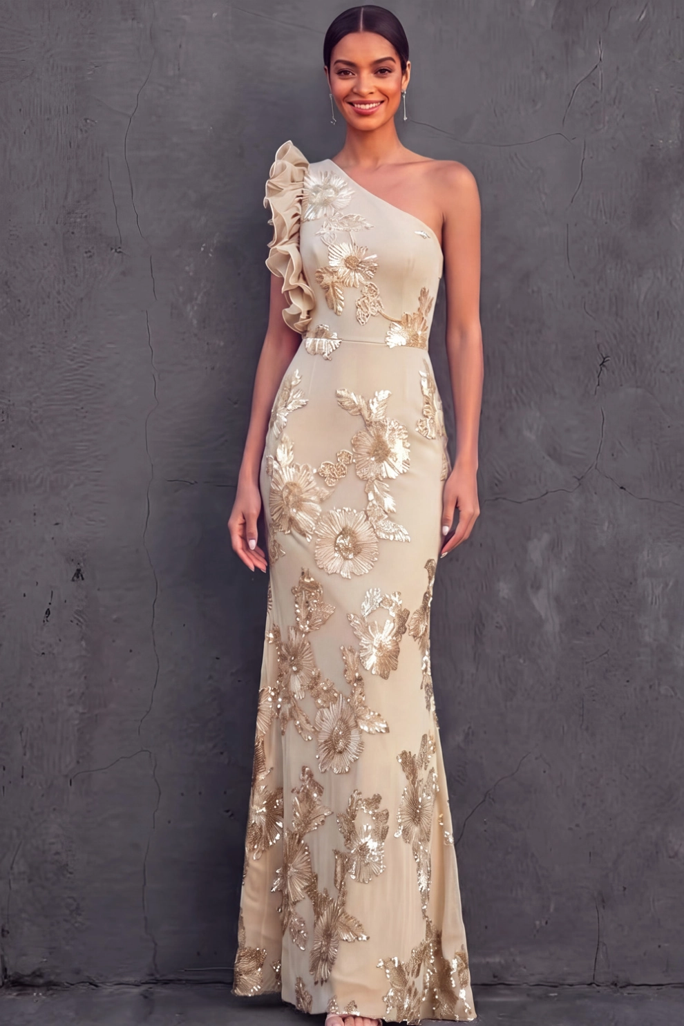 Green Floral Formal Dress Mermaid One Shoulder Ruffled Maxi Dress