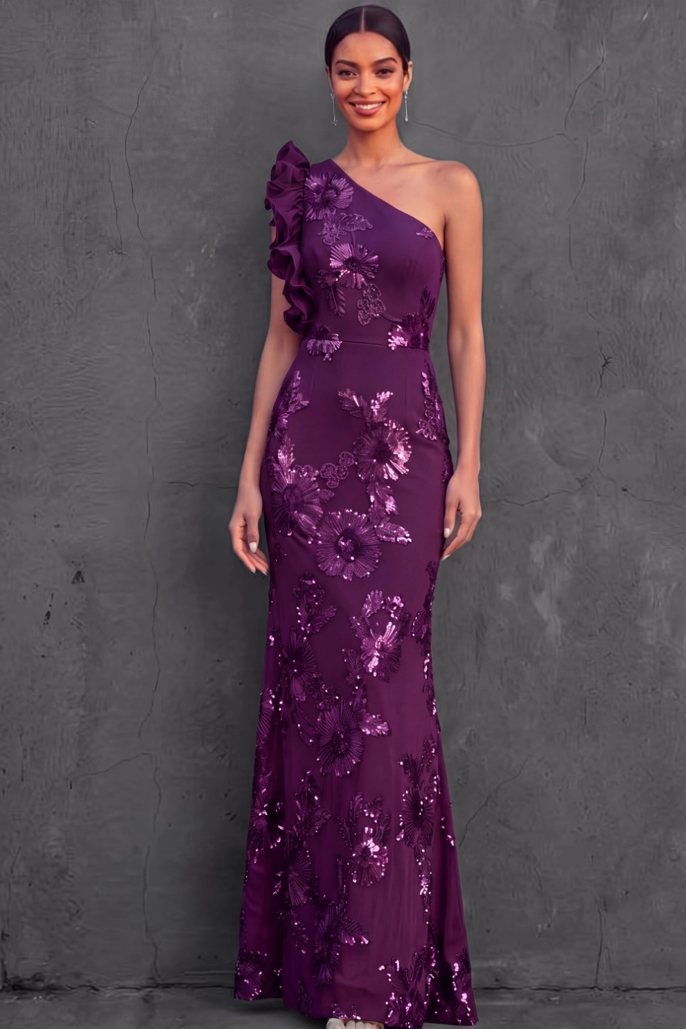 Green Floral Formal Dress Mermaid One Shoulder Ruffled Maxi Dress