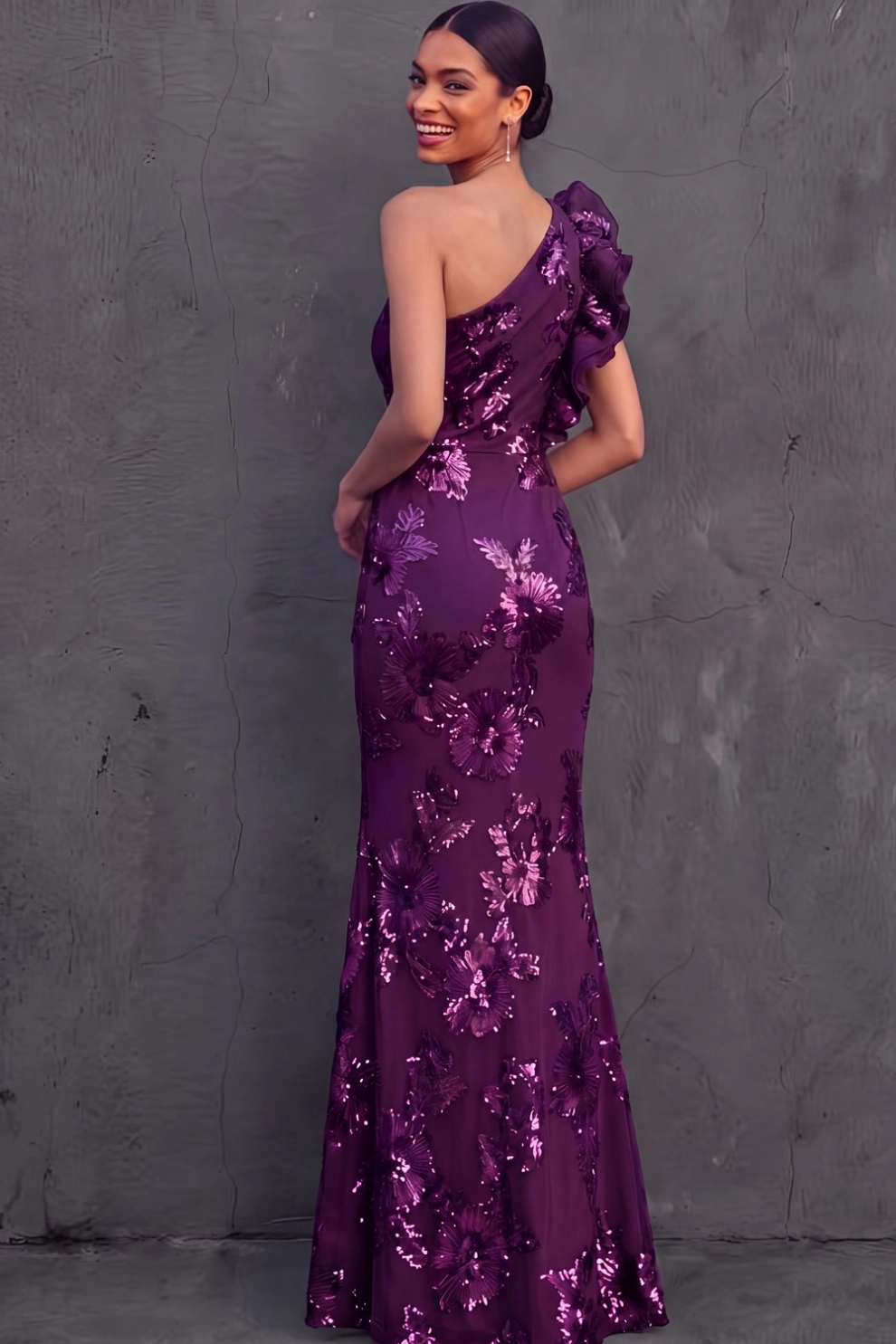 Green Floral Formal Dress Mermaid One Shoulder Ruffled Maxi Dress