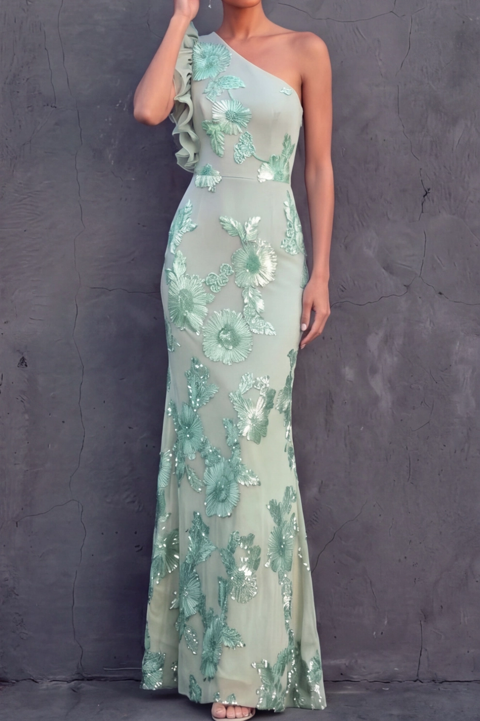 Green Floral Formal Dress Mermaid One Shoulder Ruffled Maxi Dress