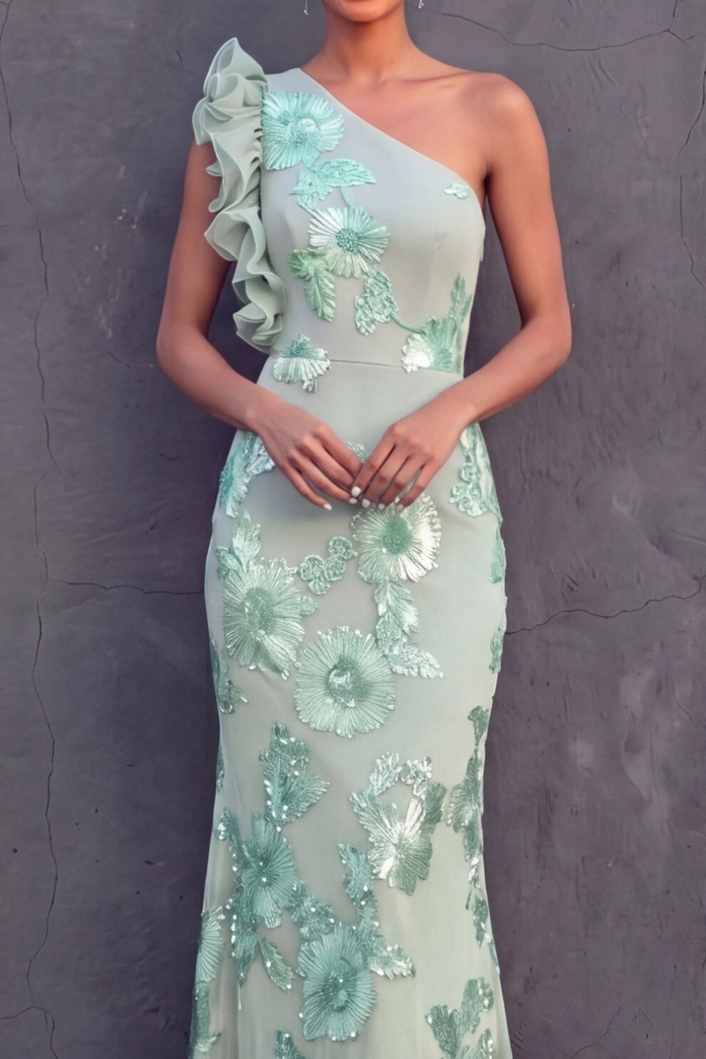 Green Floral Formal Dress Mermaid One Shoulder Ruffled Maxi Dress