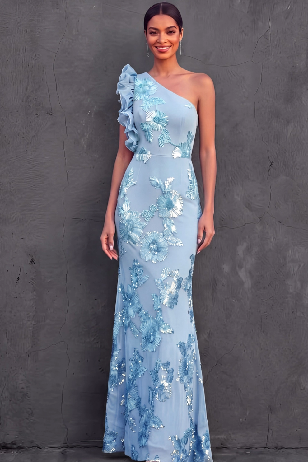 Green Floral Formal Dress Mermaid One Shoulder Ruffled Maxi Dress