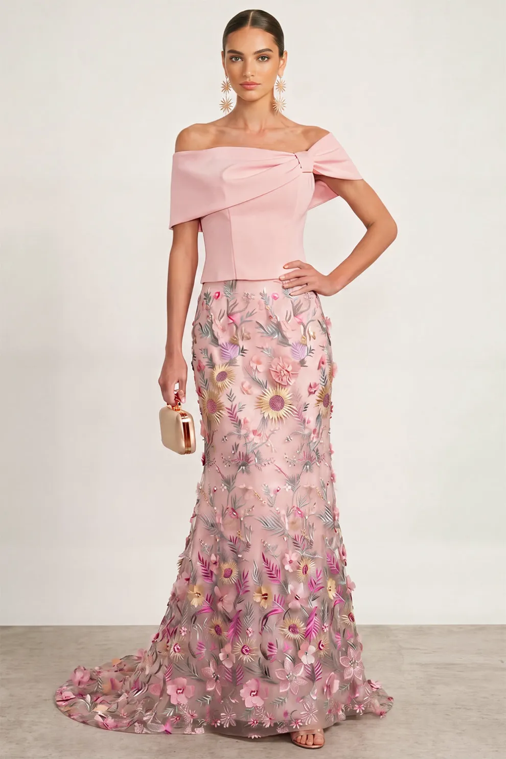 Light Pink Floral Off the Shoulder Mermaid Long Formal Dress