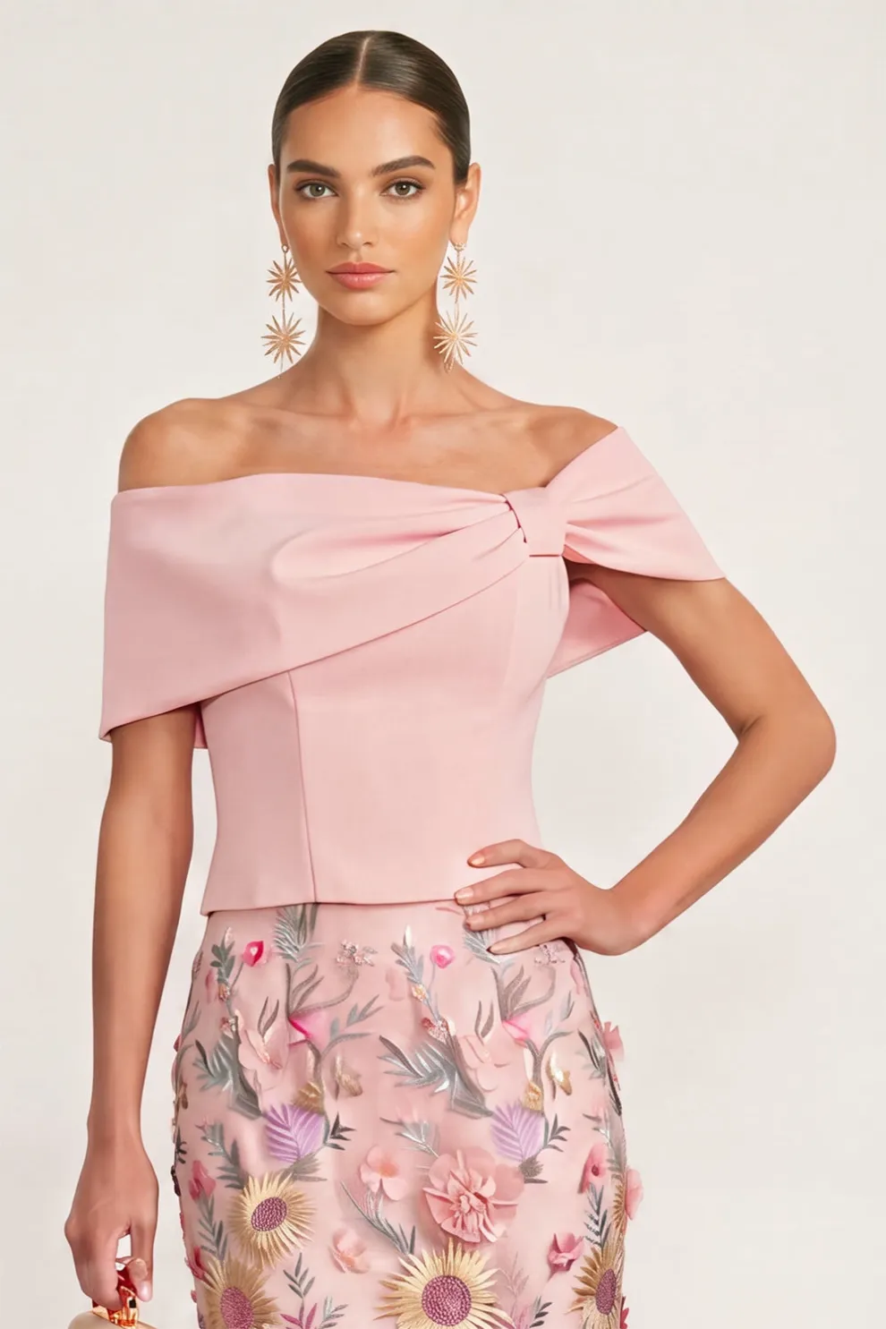 Light Pink Floral Off the Shoulder Mermaid Long Formal Dress