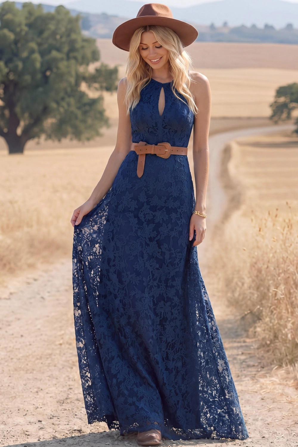 Navy Boho Dress A-Line Keyhole Sleeveless Lace Maxi Dress