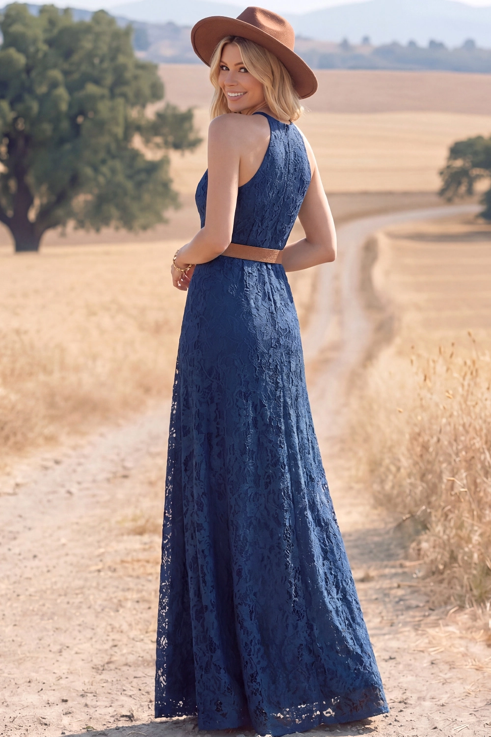 Navy Boho Dress A-Line Keyhole Sleeveless Lace Maxi Dress