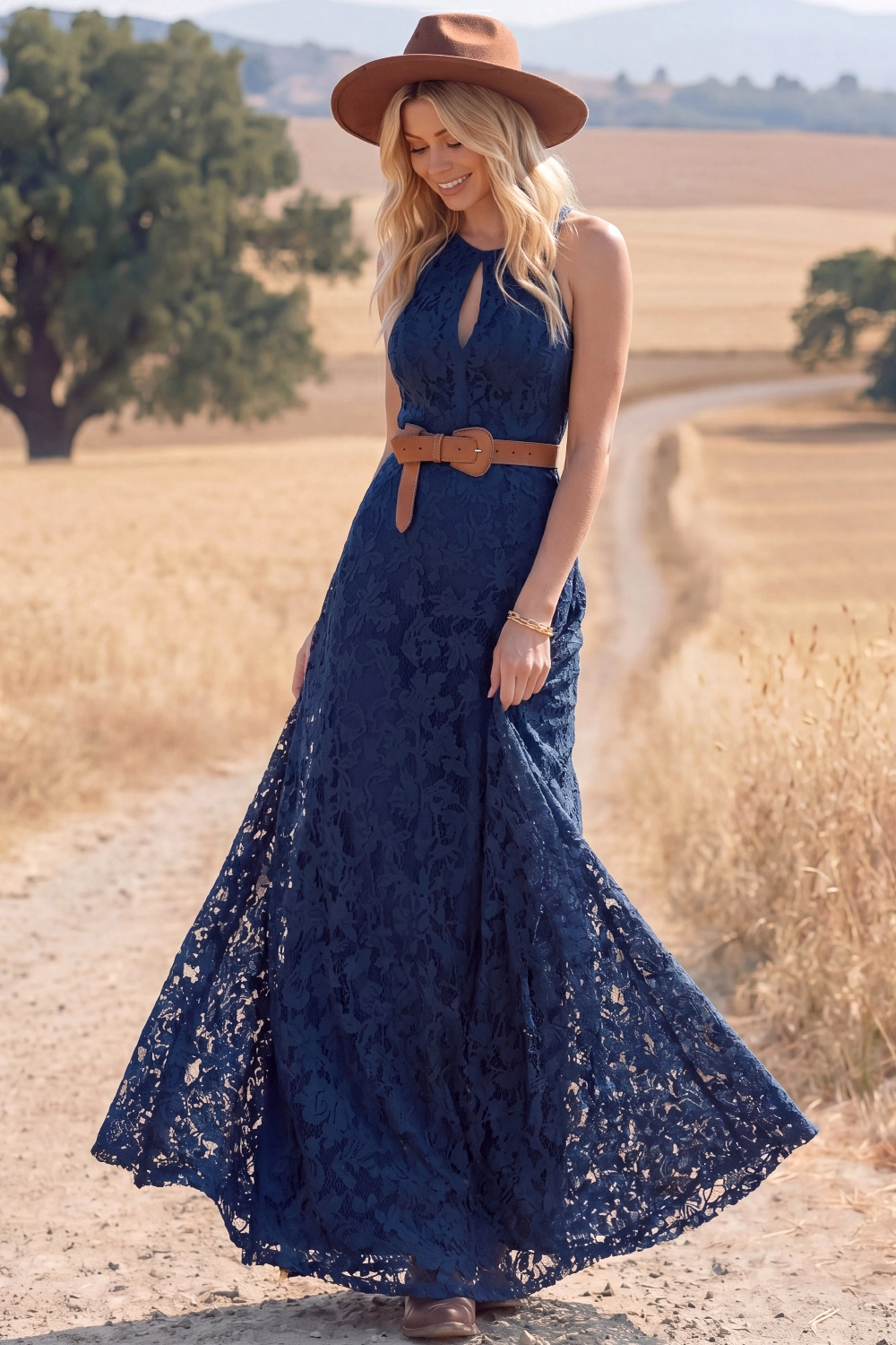 Navy Boho Dress A-Line Keyhole Sleeveless Lace Maxi Dress