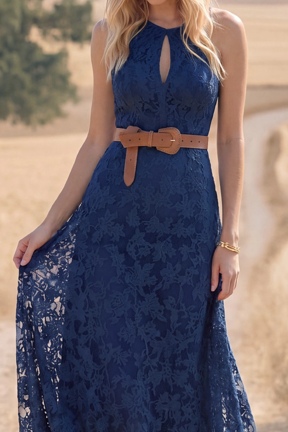 Navy Boho Dress A-Line Keyhole Sleeveless Lace Maxi Dress