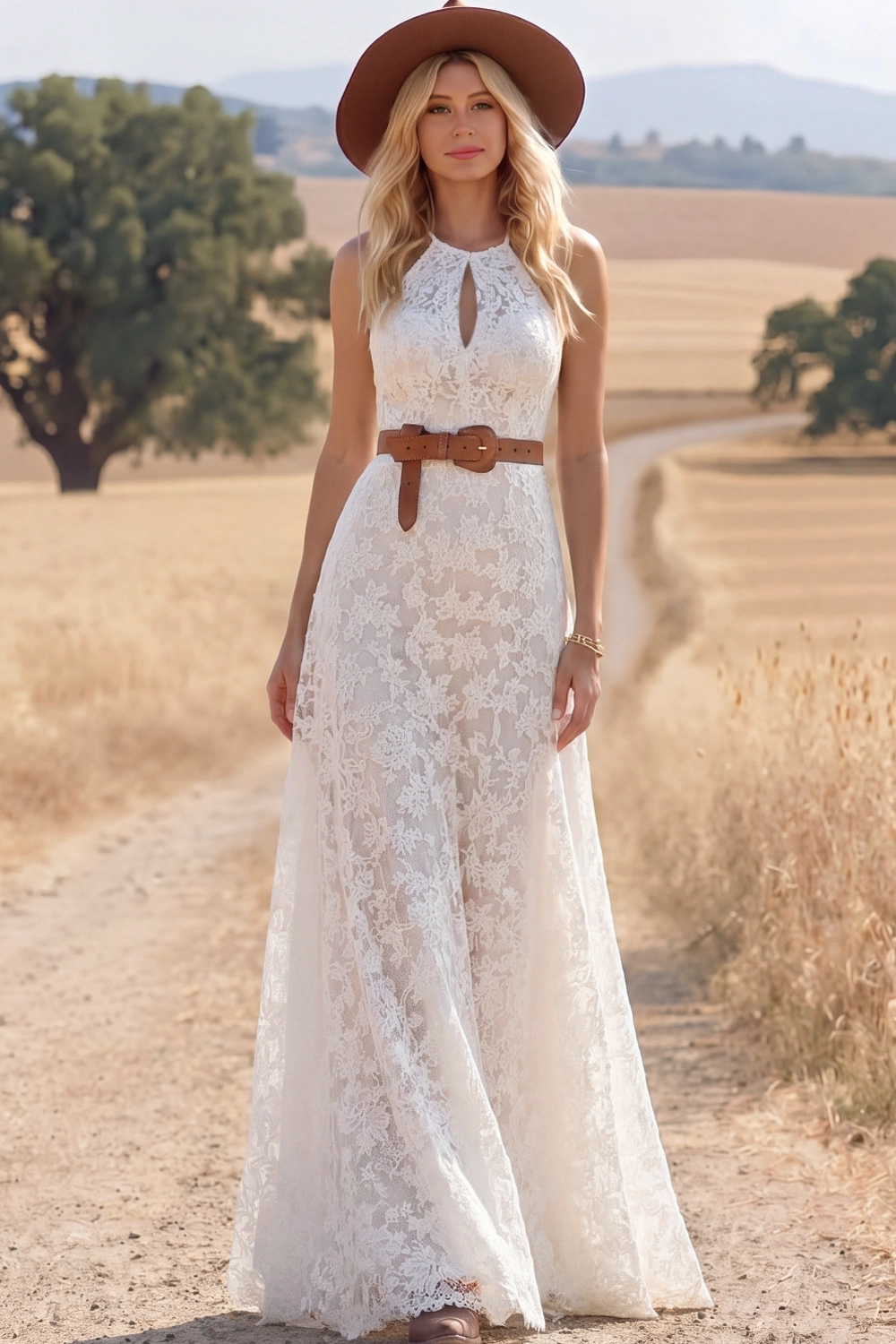 Navy Boho Dress A-Line Keyhole Sleeveless Lace Maxi Dress