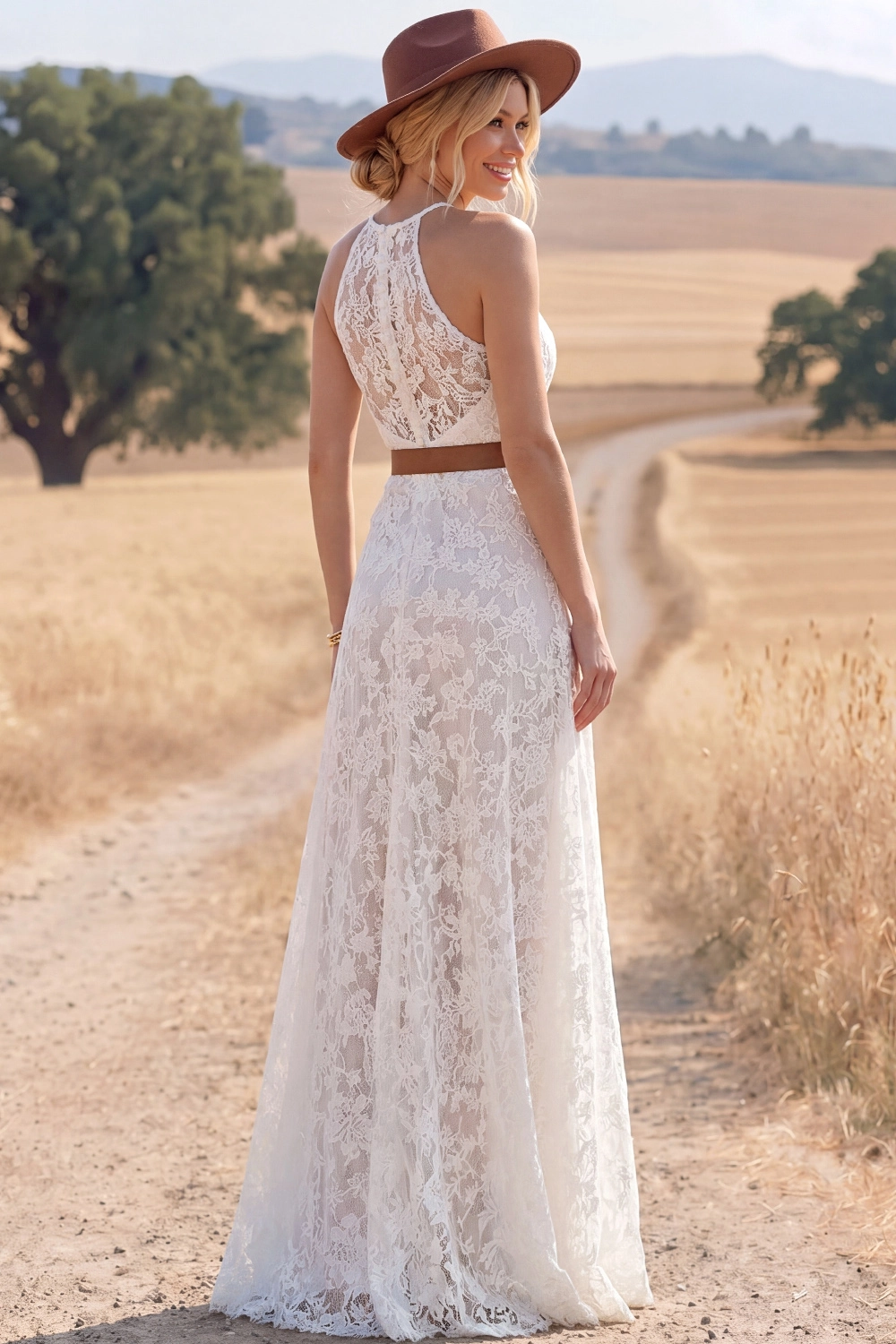 Navy Boho Dress A-Line Keyhole Sleeveless Lace Maxi Dress