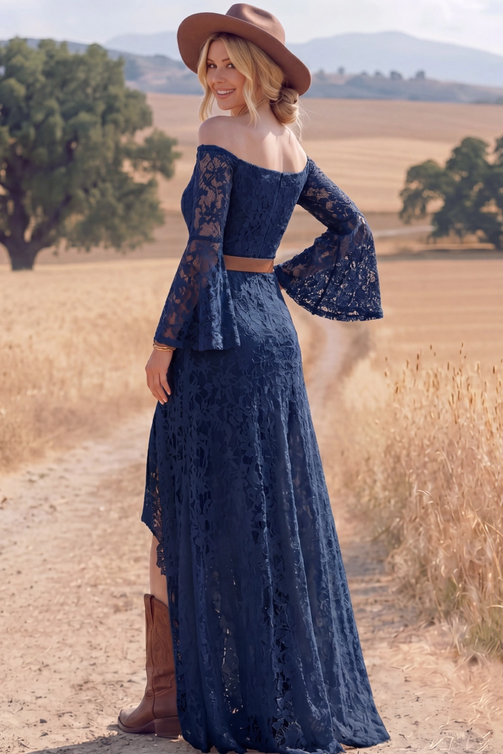 Navy Lace Boho Dress Off the Shoulder Long Sleeve High-Low Dress
