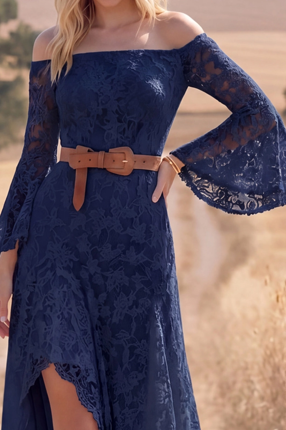 Navy Lace Boho Dress Off the Shoulder Long Sleeve High-Low Dress