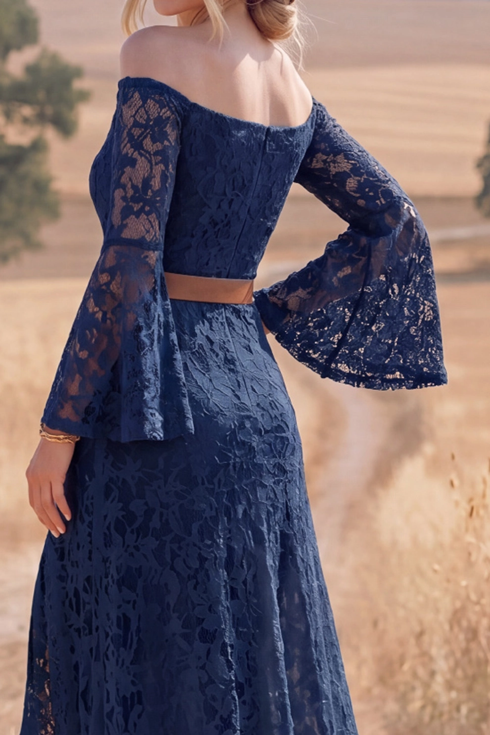 Navy Lace Boho Dress Off the Shoulder Long Sleeve High-Low Dress