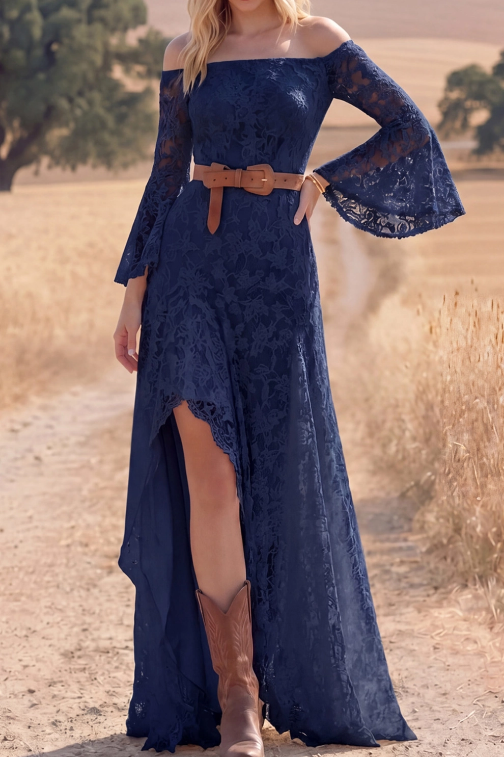 Navy Lace Boho Dress Off the Shoulder Long Sleeve High-Low Dress