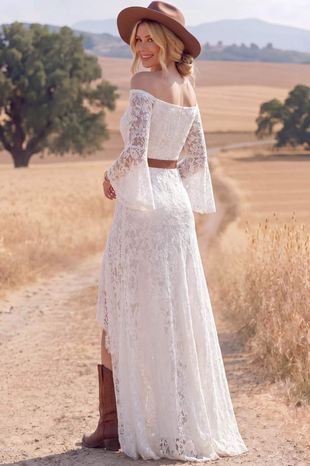 Navy Lace Boho Dress Off the Shoulder Long Sleeve High-Low Dress