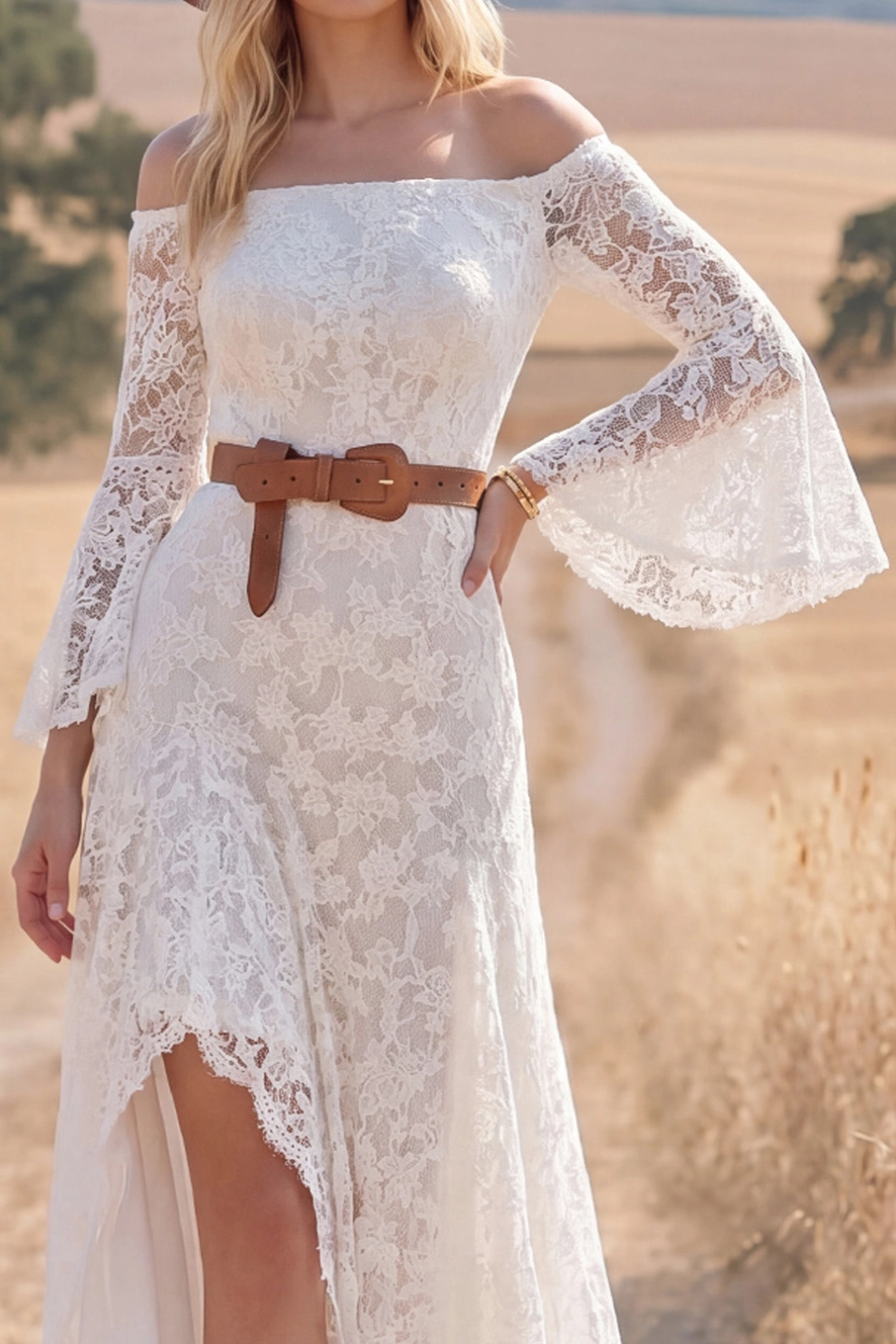 Navy Lace Boho Dress Off the Shoulder Long Sleeve High-Low Dress