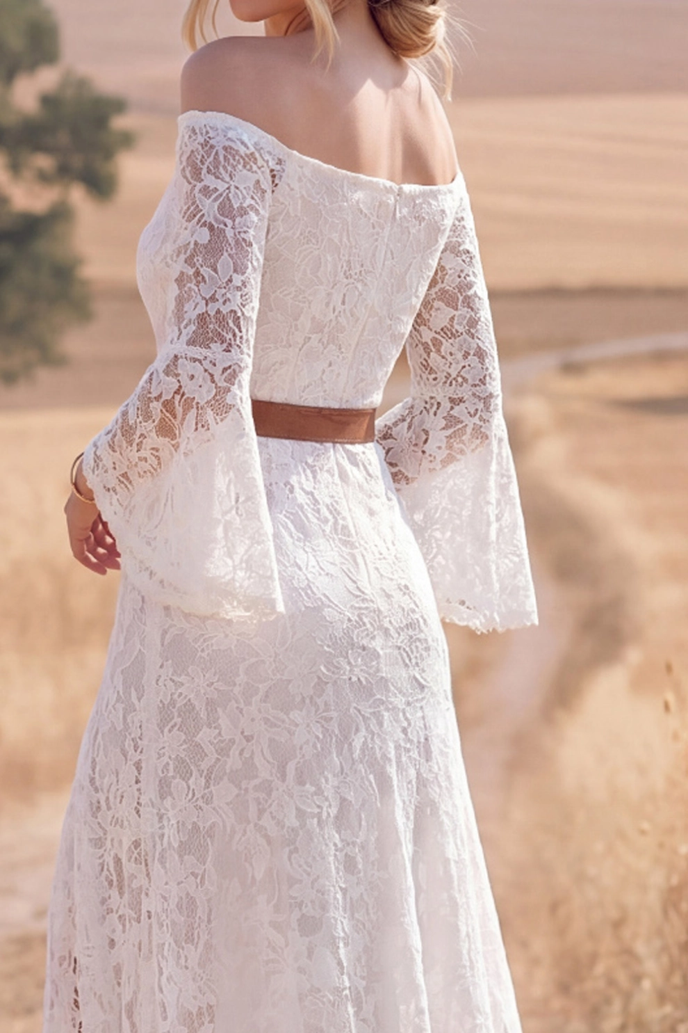 Navy Lace Boho Dress Off the Shoulder Long Sleeve High-Low Dress