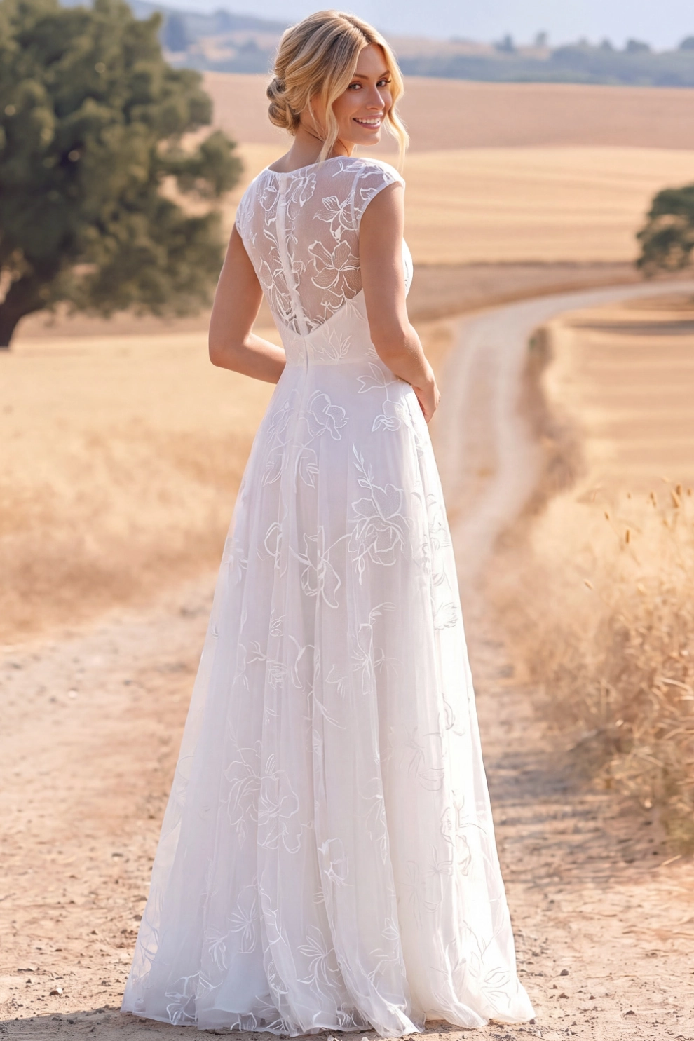 White Lace Boho Dress A-Line V-Neck Maxi Dress with Slit