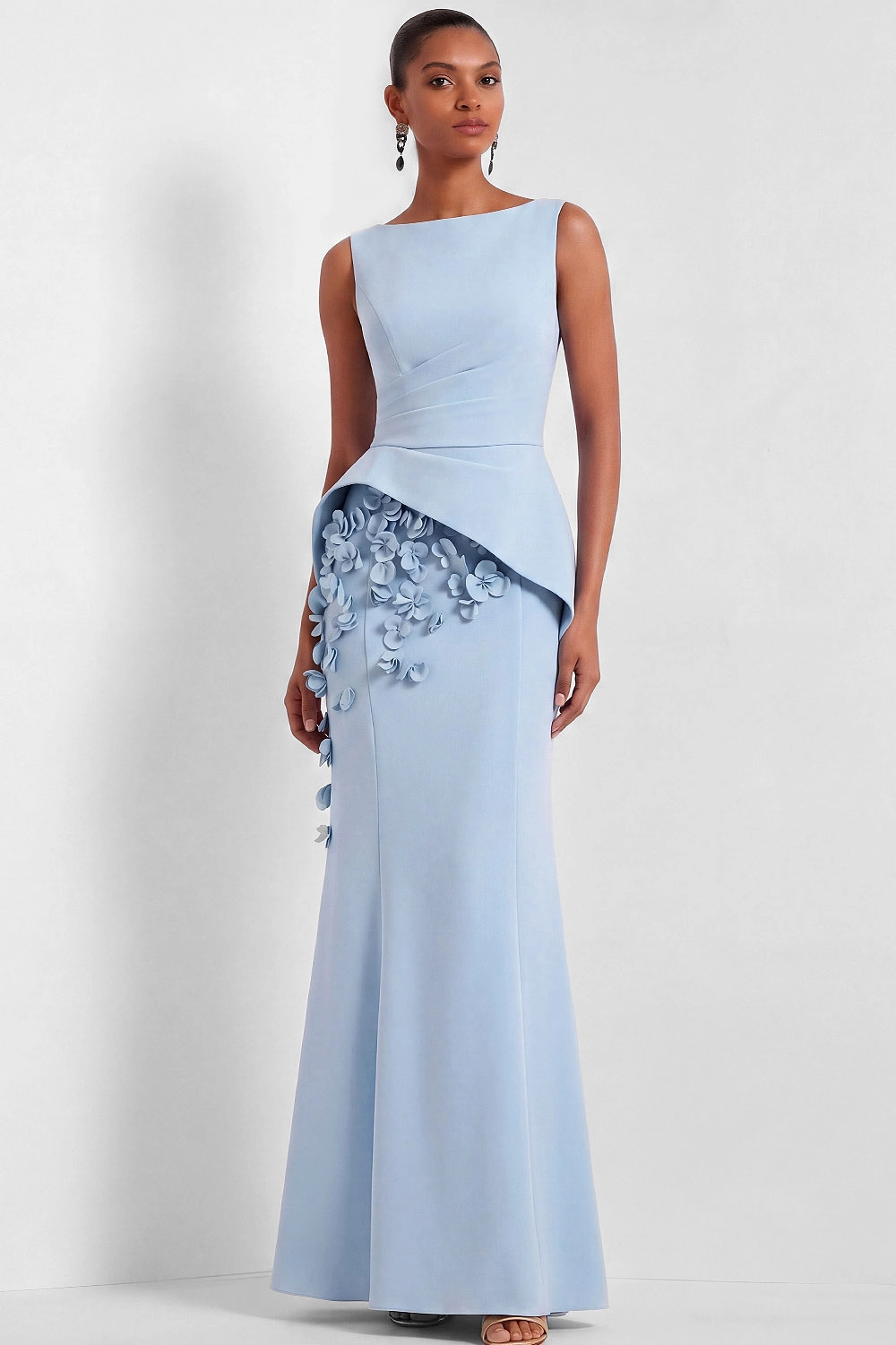 Light Blue Formal Dress Crew Neck Mermaid Maxi Dress with 3D Flower