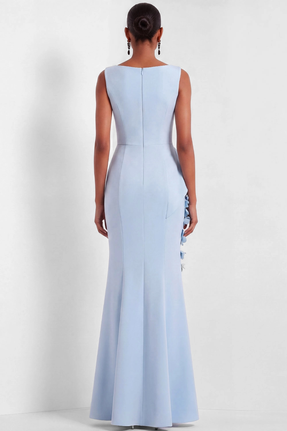 Light Blue Formal Dress Crew Neck Mermaid Maxi Dress with 3D Flower