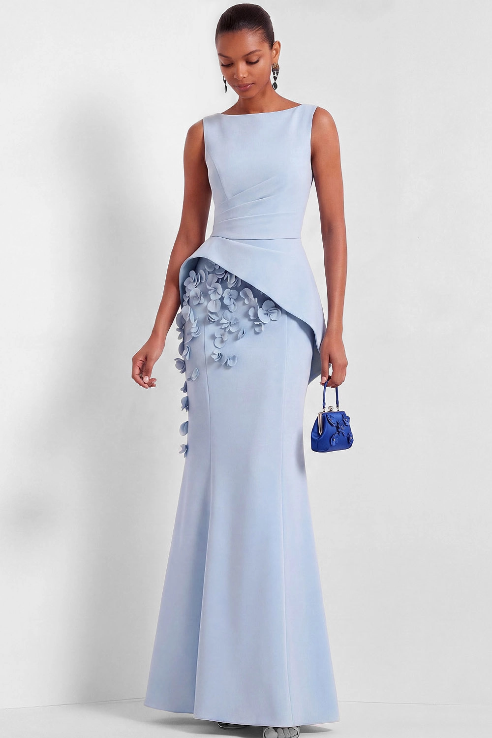 Light Blue Formal Dress Crew Neck Mermaid Maxi Dress with 3D Flower