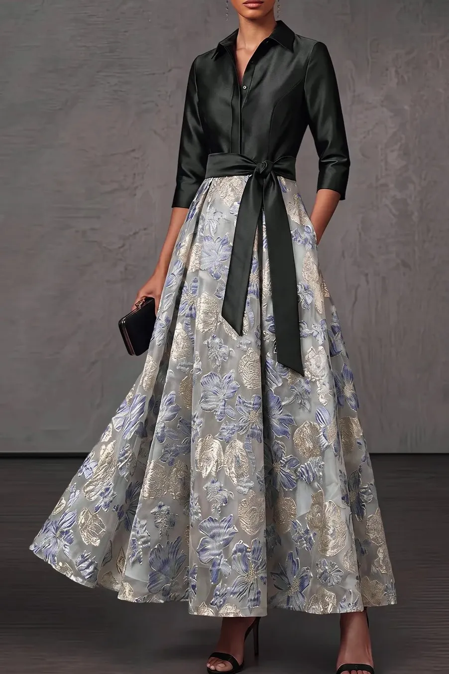 Point Collar 3/4 Sleeves Bow Jacquard Floor-Length A-Line Dress